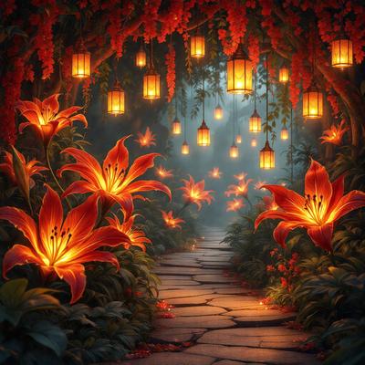 The primary subject of the image is a pathway surrounded by flowers, specifically red and orange lilies. The setting is a forest, with the pathway leading through the woods. The visual style is a digital art, creating a vibrant and lively atmosphere. The dominant colors are red and orange, which are prevalent in the lilies, and the overall mood is one of beauty and tranquility.